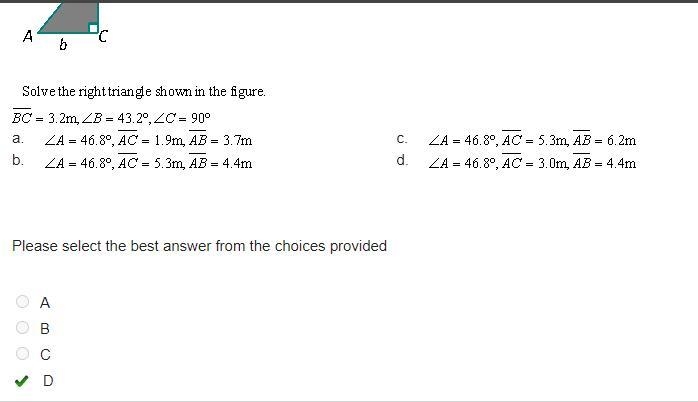 Solve the right triangle shown in the figure. C. BC= 3.2m, B = 43.29, ZC = 90° a. ZA-example-1