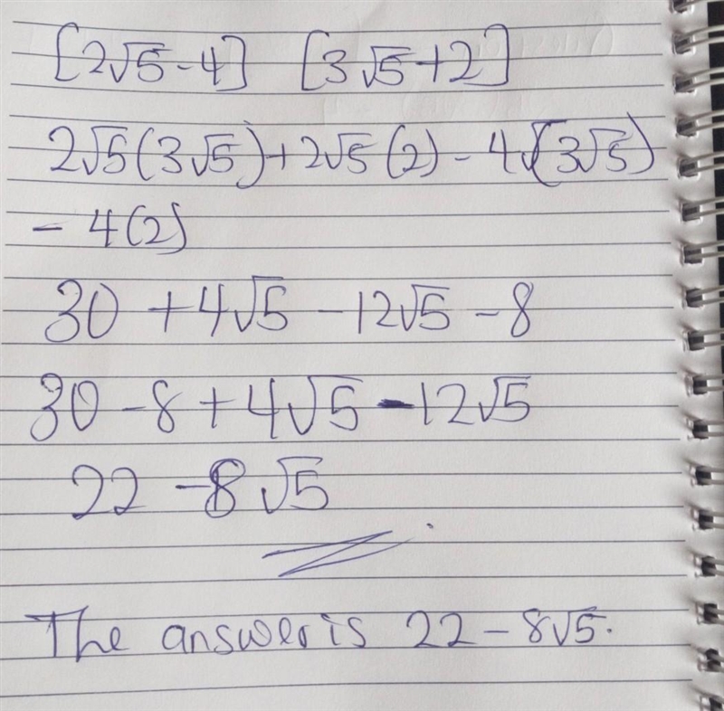 Simplify (2sqrt5-4)(3sqrt5+2)-example-1