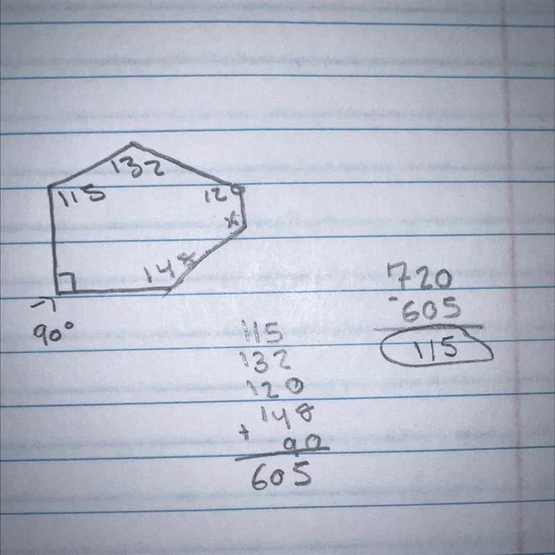 Using the picture of the hexagon below, write and solve to find x 115⁰ 132° 148° 120° X-example-1