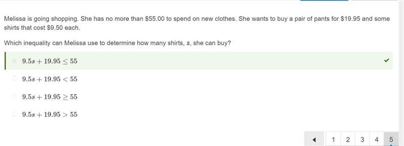 Melissa is going shopping. She has no more than $55.00 to spend on new clothes. She-example-5