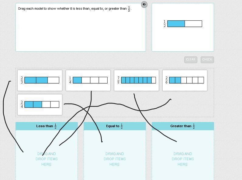 Drag each model to show whether it is less than, equal to, or greater than 1/2.-example-1