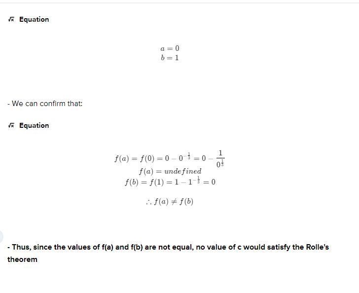 Given function f(x) = x - x ^-1/3, find value of x = c that satisfies Roll's Theorem-example-1