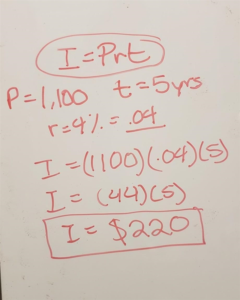 A savings account earns 4% annual simple interest. The principal is $1,100 .What interest-example-1