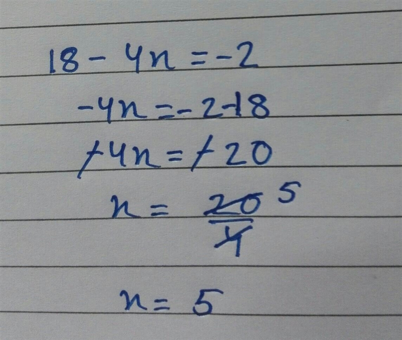 What’s the answer to (x)? 18-4x = -2-example-1