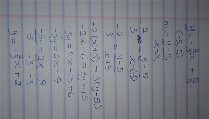 Identify the equation in slope-intercept form for the line containing the point (-3,5) and-example-1