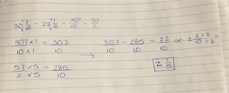 a bakery has 30 7/10 bars of baking chocolate. the bakers use 28 1/2 bars to make-example-1