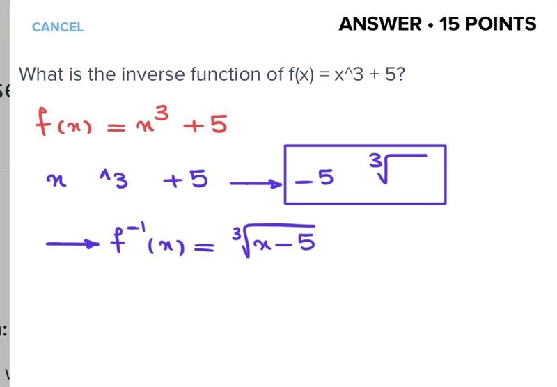 What is the inverse function of f(x) = x^3 + 5?-example-1