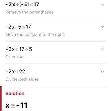 Solve the inequality. -2d + (-5) ≤ 17-example-1