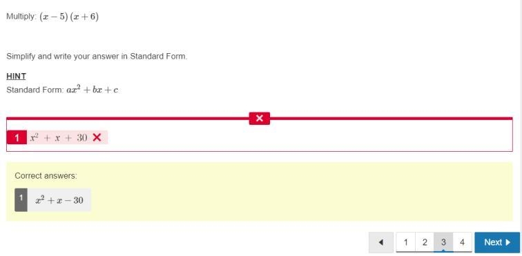 Multiply: (x−5)(x 6) simplify and write your answer in standard form. hint standard-example-1