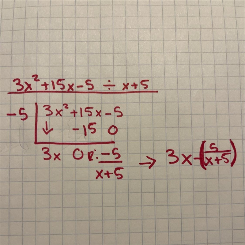 3x² + 15x-5) •/. (x + 5) Divide using synthetic division-example-1