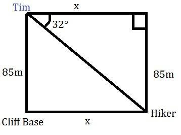 From the roof of an 85 meter cliff, Tim spots a hiker down below at an angle of depression-example-1