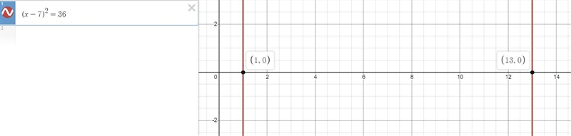 Given (x – 7)^2 = 36, select the values of x. x=13 x=1 x=–29 x=42-example-1