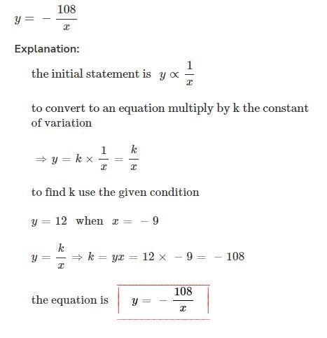 Find the variation constant and an equation of variation where y varies inversely-example-1