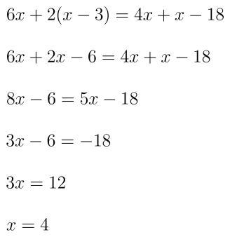 What is the solution to the equation 6x + 2(x − 3) = 4x + x − 18? (1 point) 4 2 −2 −4​-example-1