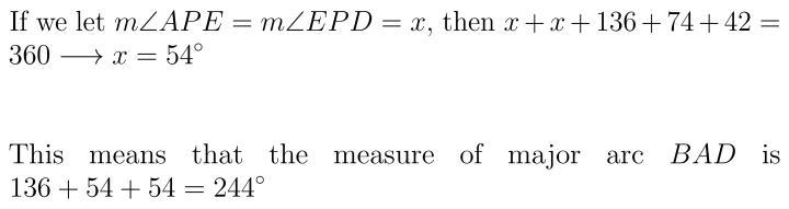 In the figure below, ZAPE and ZEPD are congruent. What is the arc measure of major-example-1