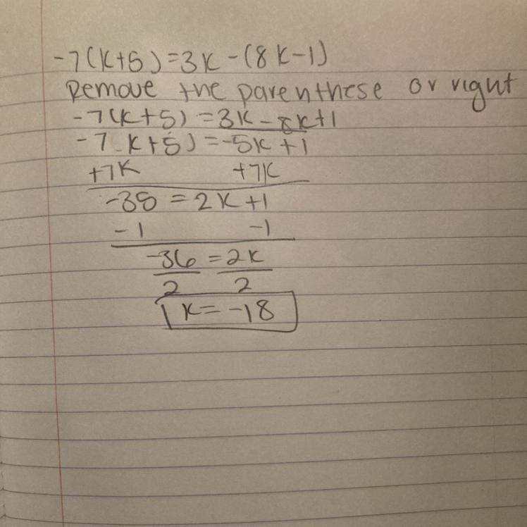 Solve - 7 ( k + 5 ) = 3 k - ( 8 k - 1 )-example-1