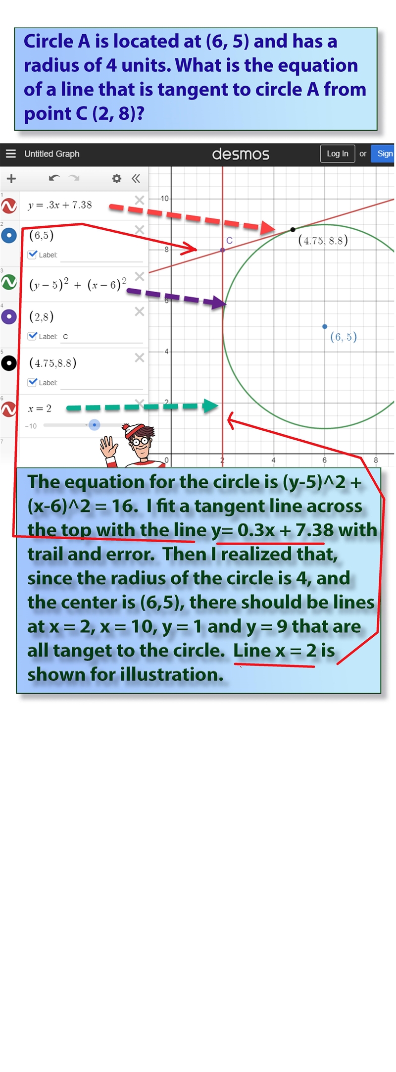 Circle A is located at (6, 5) and has a radius of 4 units. What is the equation of-example-1