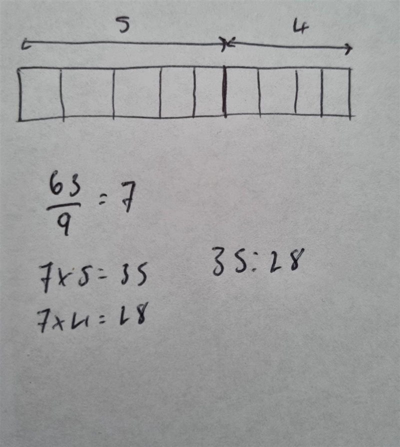 Divide 63 in the ratio 5:4=​-example-1