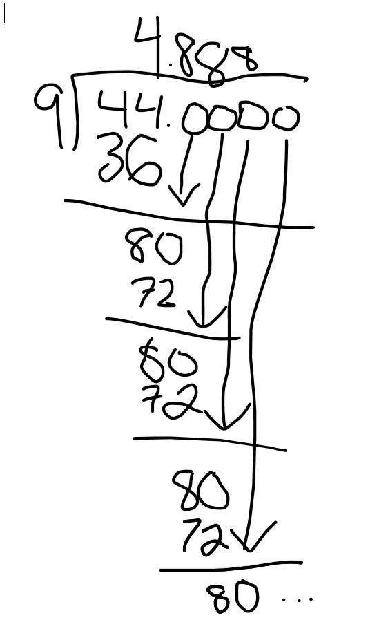 What is 44/9 as a decimal and if there is a repeating number in its division just-example-1