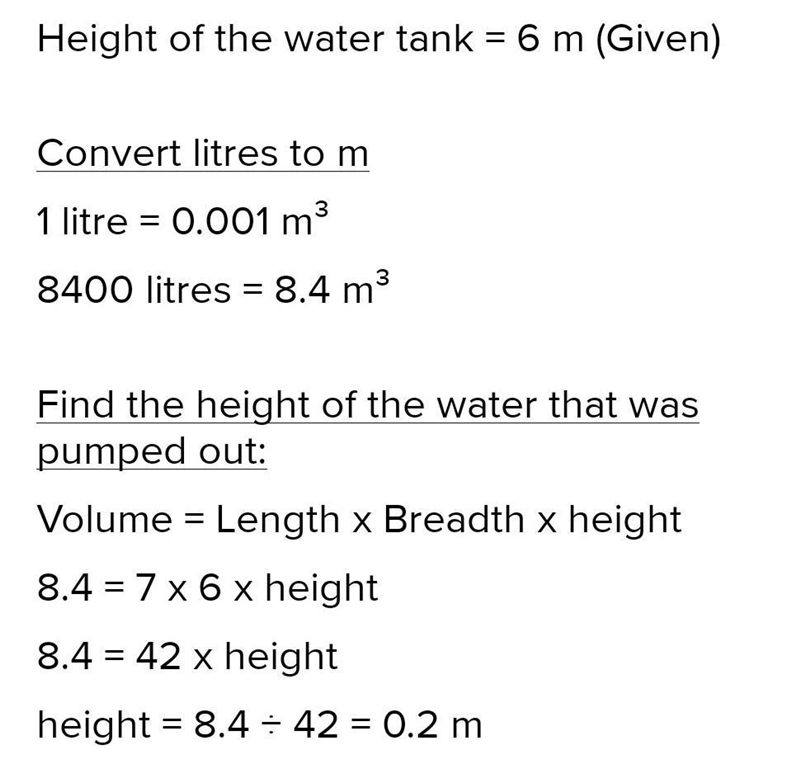 Area of the base of cuboid shaped tank is 8400 cm. When 420 liters of water is put-example-1