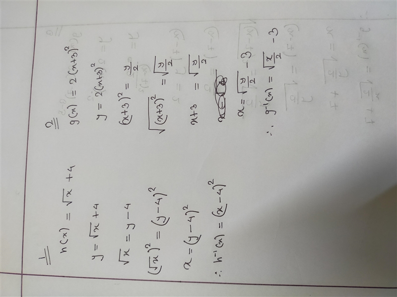 PLEASE HELP!!! Find the inverse functions: 1) h(x)=square root x+ 4 2) g(x)=2(x+3)^2 3) g-example-1