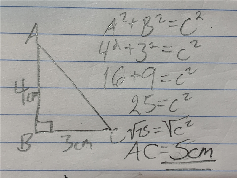 Solve for x in the triangle below given that AB=4cm,BC=3cm and AC=x​-example-1