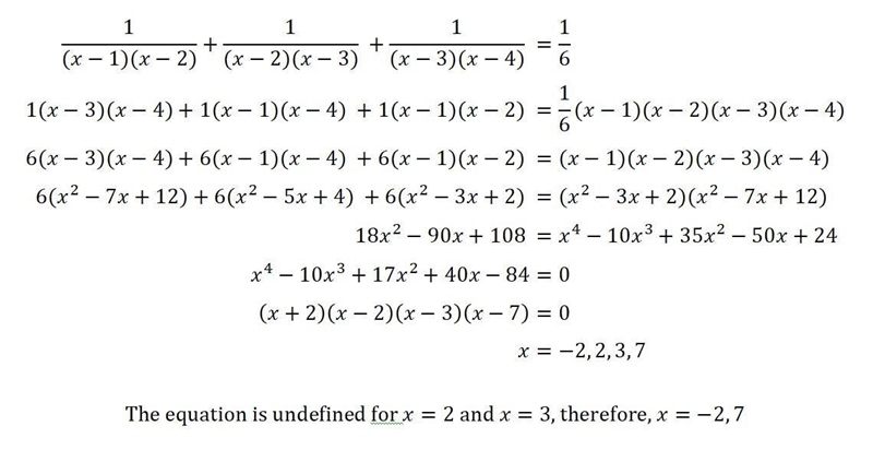 1/(x-1)(x-2) + 1/(x-2)(x-3) + 1/(x-3)(x-4) = 1/6​-example-1