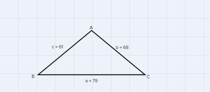 For triangle ABC, a = 79, b = 68, c = 61, then M∠A= ___ °Round answer to one decimal-example-1