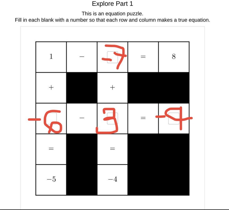 This is an equation puzzle. Fill in each blank with a number so that each row and-example-1