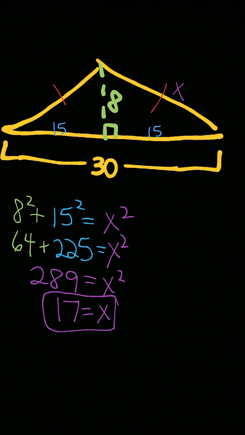 The base of an isosceles triangle is 30” and the altitude to that base is 8”. Find-example-1