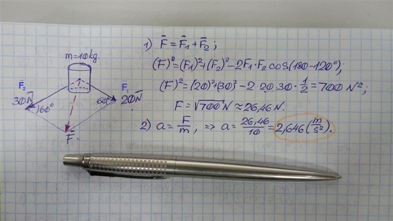 The angle between the forces 30N and 20N action a body of mass 10kg is 120°. Find-example-1