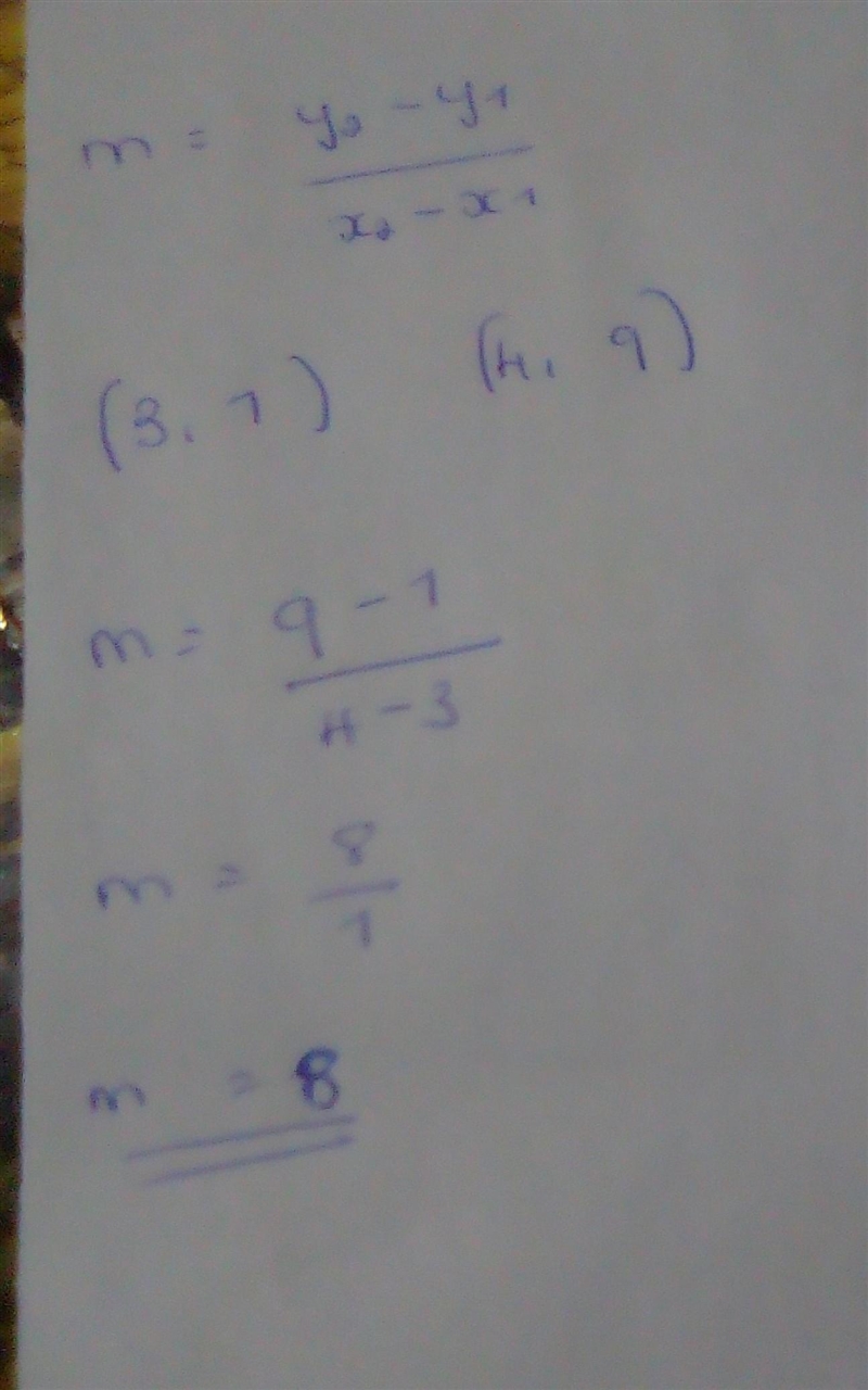 M = y2-y1 X2-X1 Find the slope of the line that passes through these two points. (3,1) (4,9) m-example-1