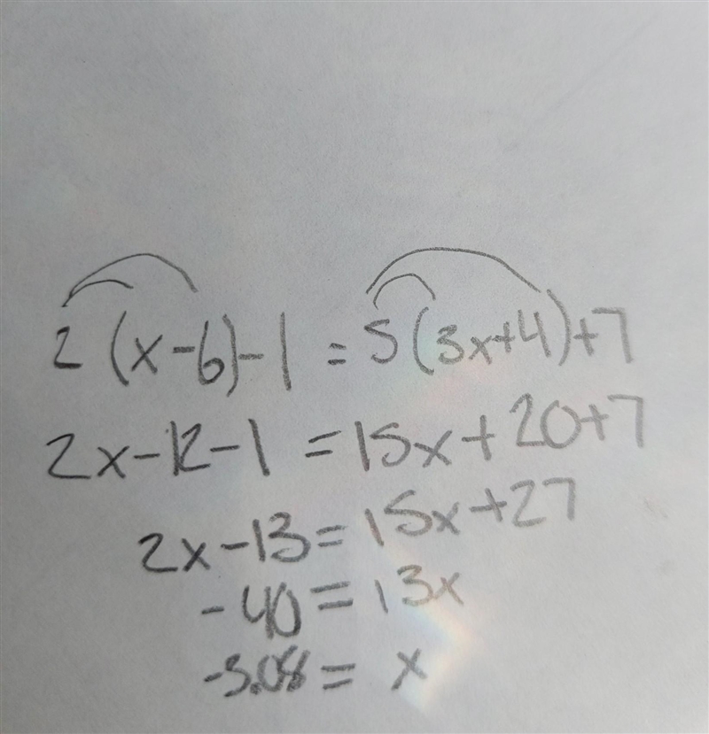 What is the answer 2(x−6)−1=5(3x+4)+7-example-1