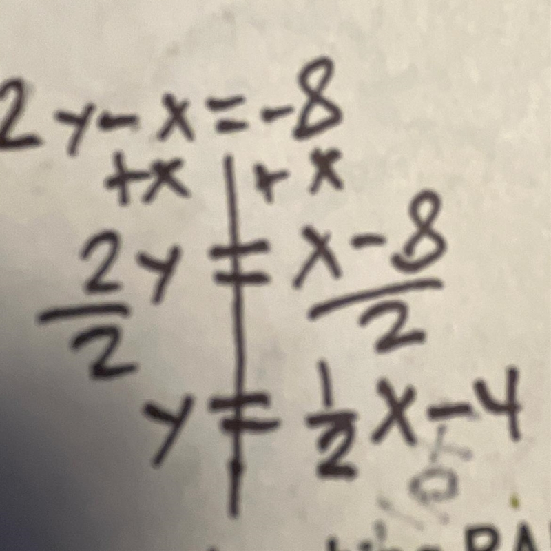 2y-x=-8 in slope intercept form-example-1