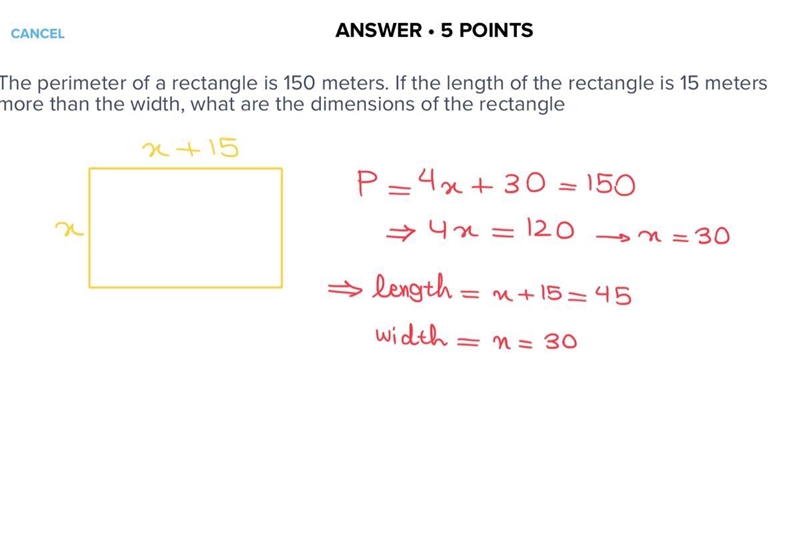 The perimeter of a rectangle is 150 meters. If the length of the rectangle is 15 meters-example-1