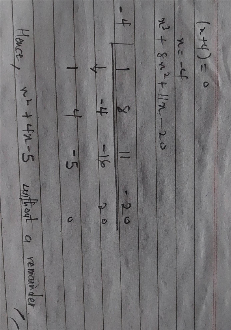 Use synthetic division to divide x^3+8x^2+11x-20 polynomial by (x+4).-example-1