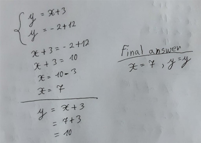 Y = x+3 y= -2+12 solve by substitution or elimination NEED ASAP PLS-example-1