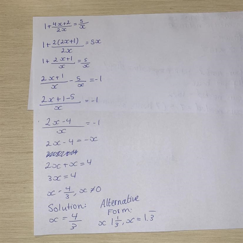 I cant understand this 1 + (4x \\ + 2)/(2x) = (5)/(x) ​-example-1