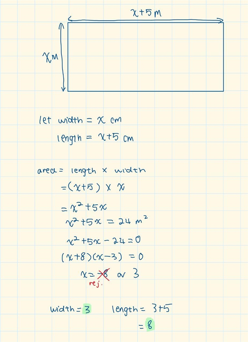 The length of a rectangular frame is 5 more than its with and its area is 24 m². Find-example-1