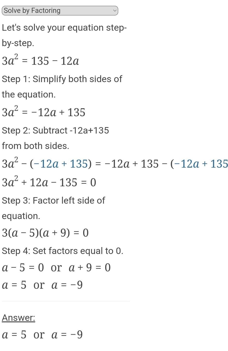 3a2 = 135 - 12a Does anyone know how to do the quadratic equation for this?-example-1