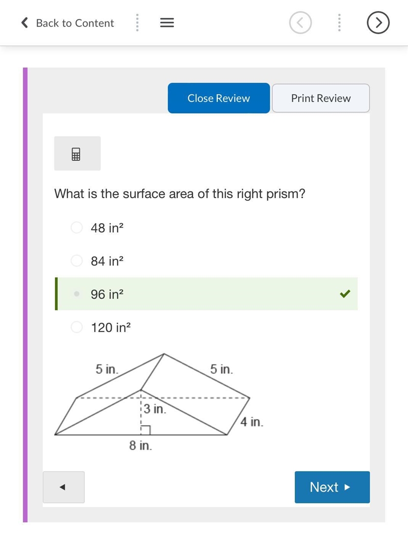 What is the surface area of this right prism? 48 in² 84 in² 96 in² 120 in²-example-1