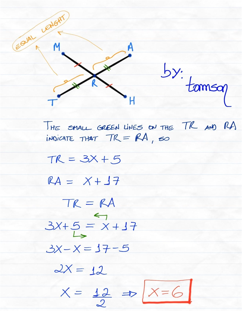 TR= 3x + 5, and RA = x + 17. Find the value of x.-example-1