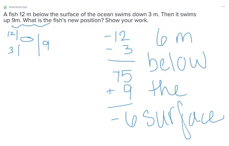 A fish 12 m below the surface of the ocean swims down 3 m. Then it swims up 9m. What-example-1