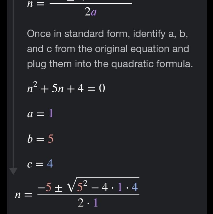 Does anyone have an answer to this problem? n² + 5n = -4-example-1