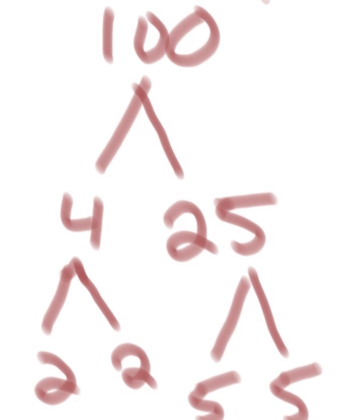 The prime factorization of 100 is 4 X 25. Show a factor tree!-example-1