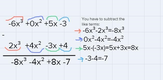 ( - 6x^3 + 5x - 3 ) - ( 2x^3 + 4x^2 - 3x + 1)-example-1