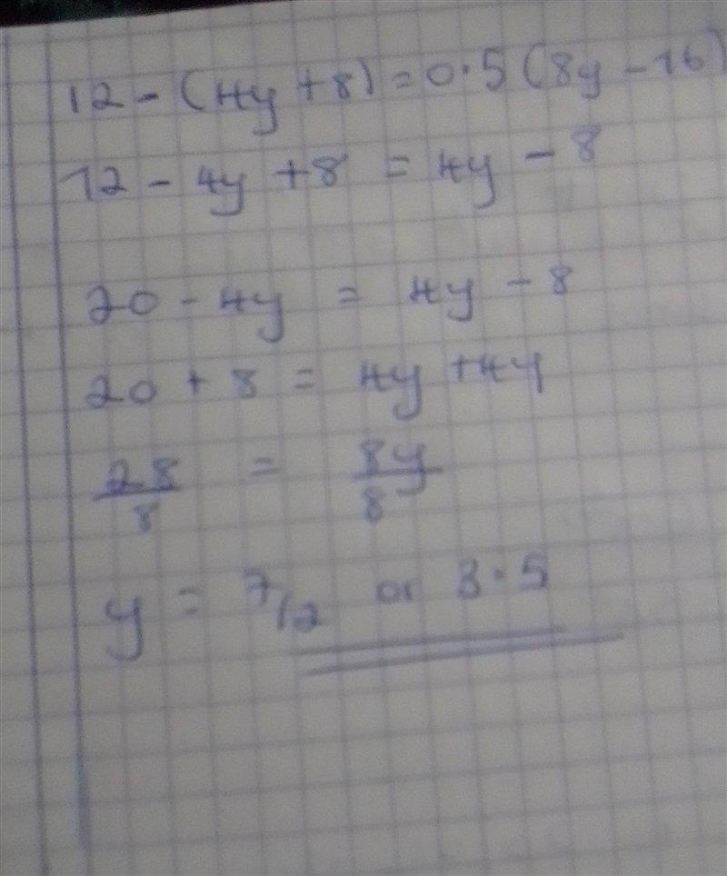 Solve 12 − ( 4 y + 8 ) = 0 . 5 ( 8 y − 16 ) . Check your solution. Enter your answer-example-1