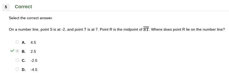 Select the correct answer. On a number line, point S is at -2, and point T is at 7. Point-example-1