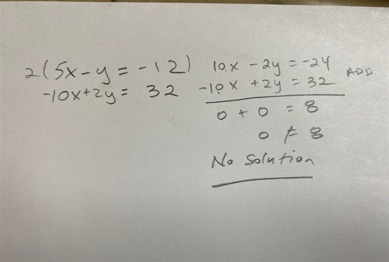 Solve the system of linear equations 5x-y=-12 -10x+2y=32 ​-example-1