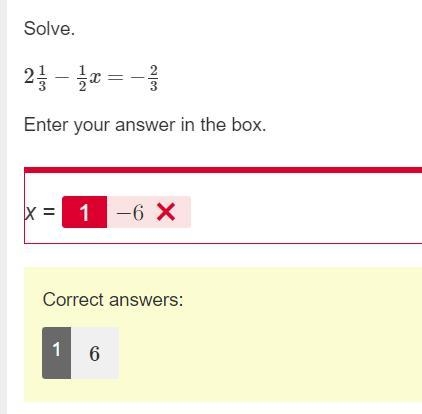 Help!! Question Solve. 2 1/3−1/2x=−2/3 Enter your answer in the box. x =-example-1